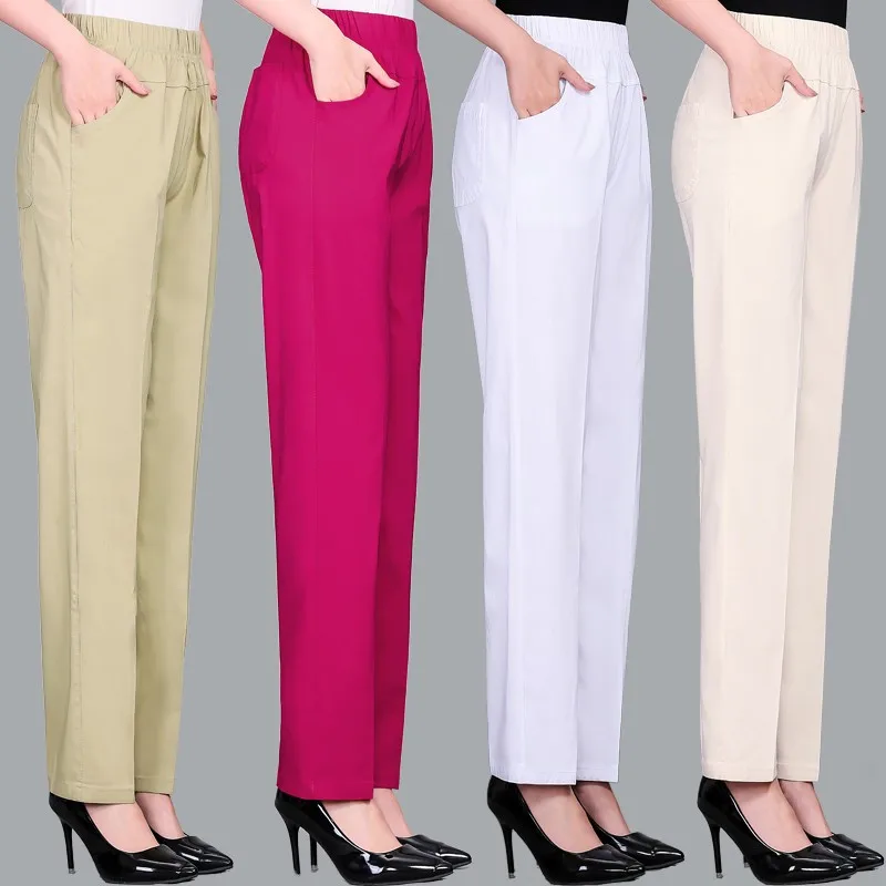 

Women's Trousers Spring Summer Stretch Waist Cotton Pants Middle And Old Lady Solid Casual Pants 5XL W1841