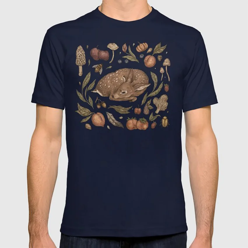 Foraging олененок футболка Олень doe грибы персик животных Садоводство ботанический Винтаж