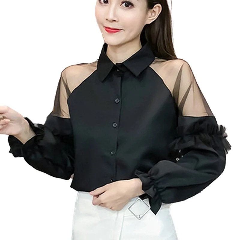 

Summer Perspective Sexy White Shirt Elegant Turn Down Collar Slim Hollow Out Chiffon Blouse top mujer