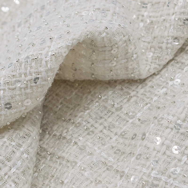 White Beads Sequins Weaving Tweed Fabric For Coat Tissus Au MÈTre Telas