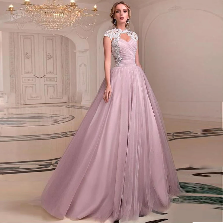 

suknia slubna High Neckline Lace Applique Cap Sleeve Pleat A-line Wedding Dress Backless Sweep Train Tulle