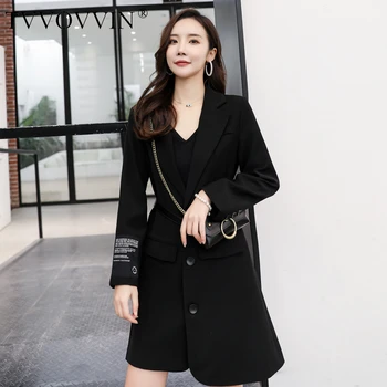 

Korea Women Blazer Patchwork Letter Black Long Women Blazers Jackets Vintage Casual Black Long Suit Coats 2020 New Fashion VYIN