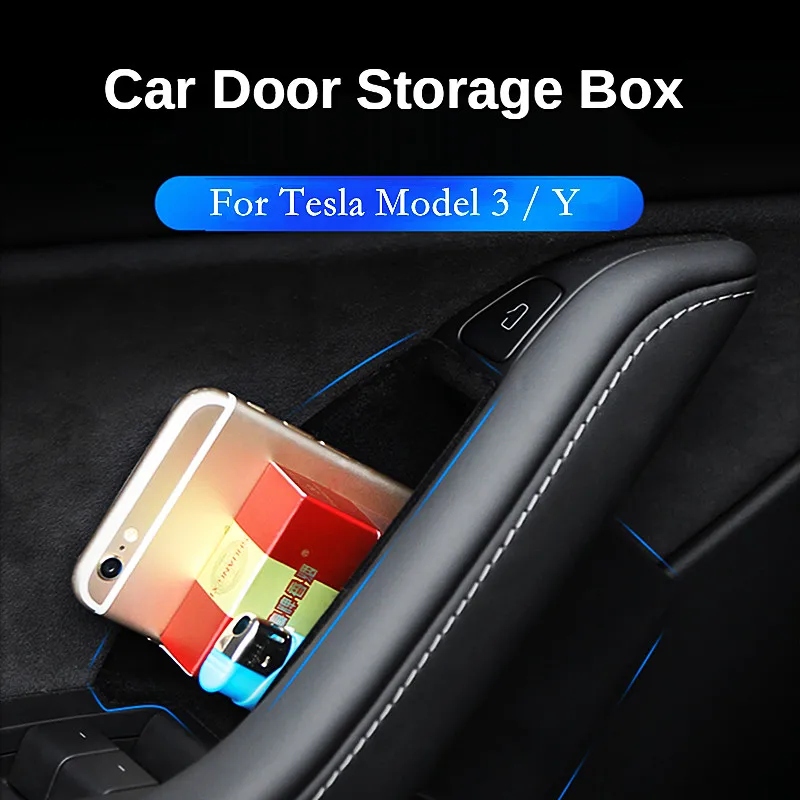 For 17-21 Tesla Model 3 Y Three Handle Pocket Car Door Side Pallets Armrest Container Storage Box Organizer Interior Accessories