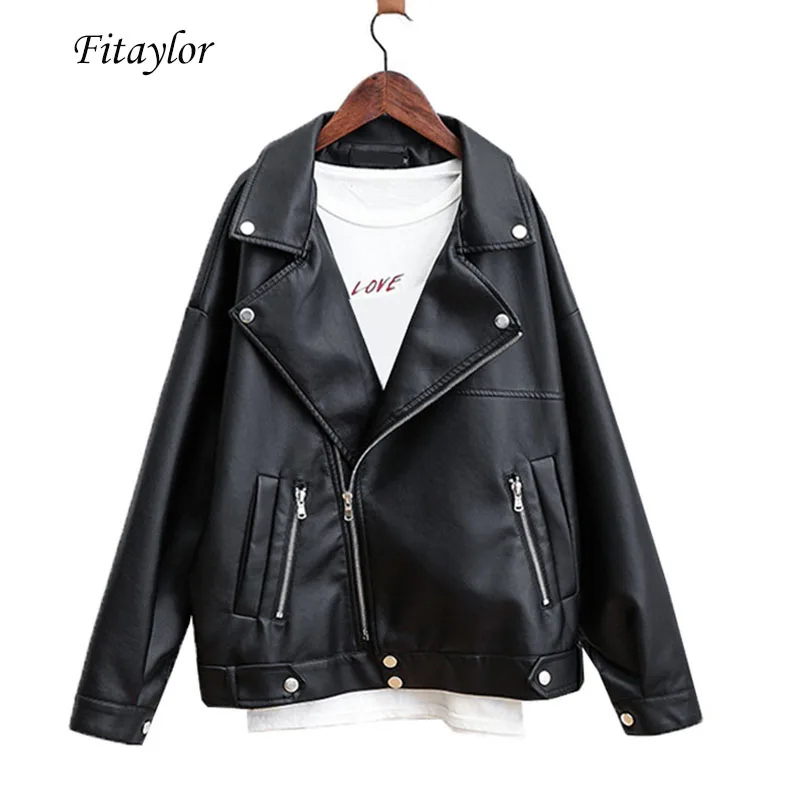 Achat Fitaylor automne femmes Pu cuir veste Rivet fermeture éclair col rabattu lâche noir court Faux cuir Punk vestes