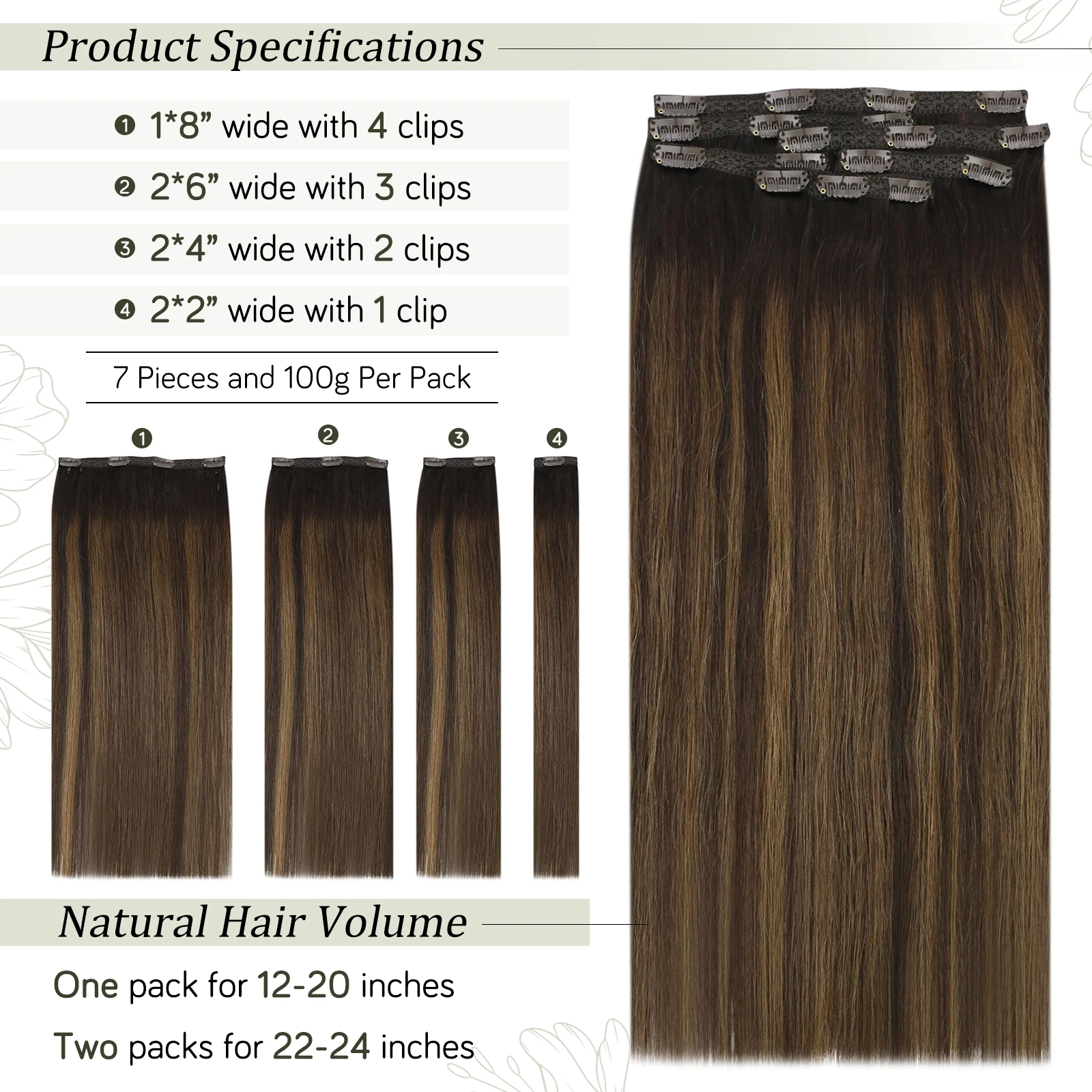 VeSunny Clip in Hair Extensions Human Hair Double Weft 7pcs Clip on Hair Extensions Machine made Remy Hair #2/2/6 120gr