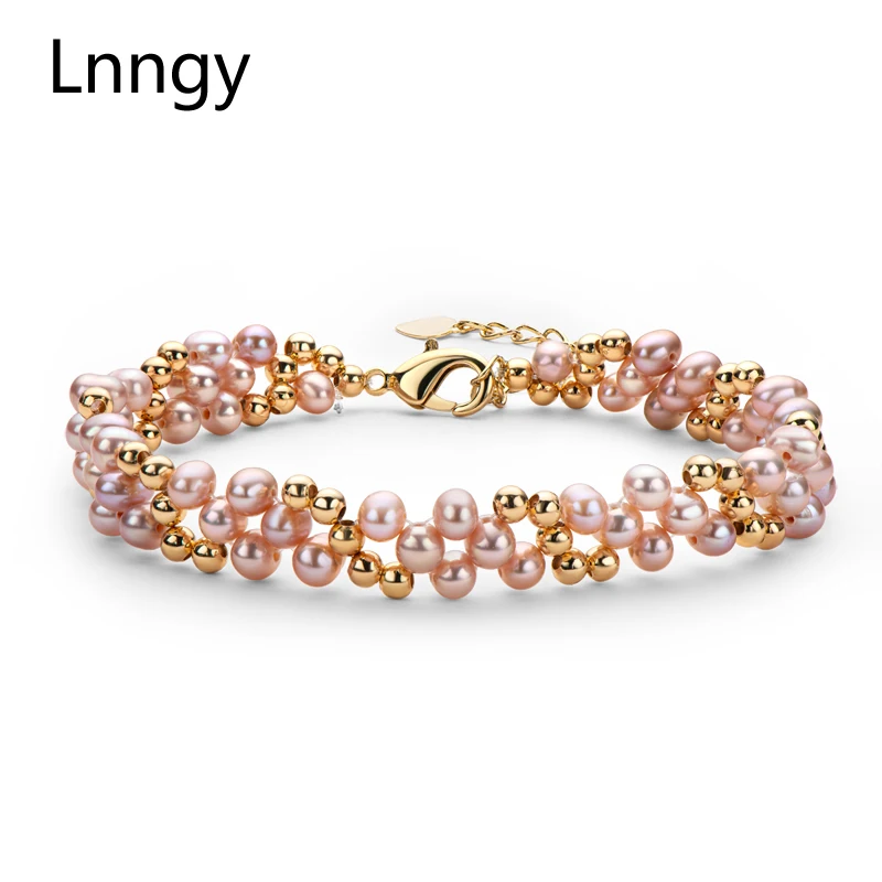 Lnngy-pulsera de oro de 14K con varias capas para mujer, brazalete trenzado de perlas ovaladas naturales de agua dulce de 4-5mm, joyería