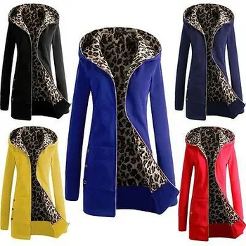 

Fashion Womens Ladies Stylish Lined Leopard Printing Winter Warm Thicken Casual Long Hooded Coat Jacket Parka Overcoat Outwear