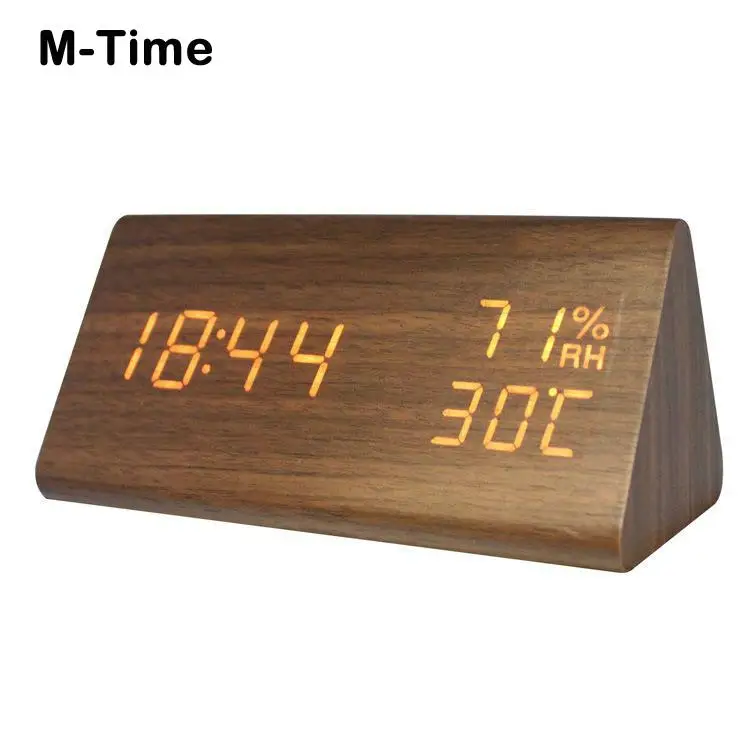Деревянный светодиодный будильник с температурой и влажностью электронные настольные цифровые часы для