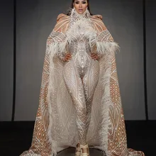 Женский костюм певицы, эластичный Облегающий комбинезон с принтом, длинный плащ, наряд для празднования дня рождения, подиум для моделей, одежда для сцены