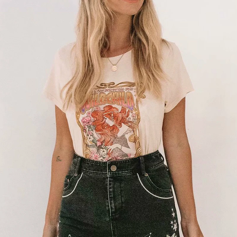 Винтажный шикарный модный женский хлопковый топ с круглым вырезом футболки