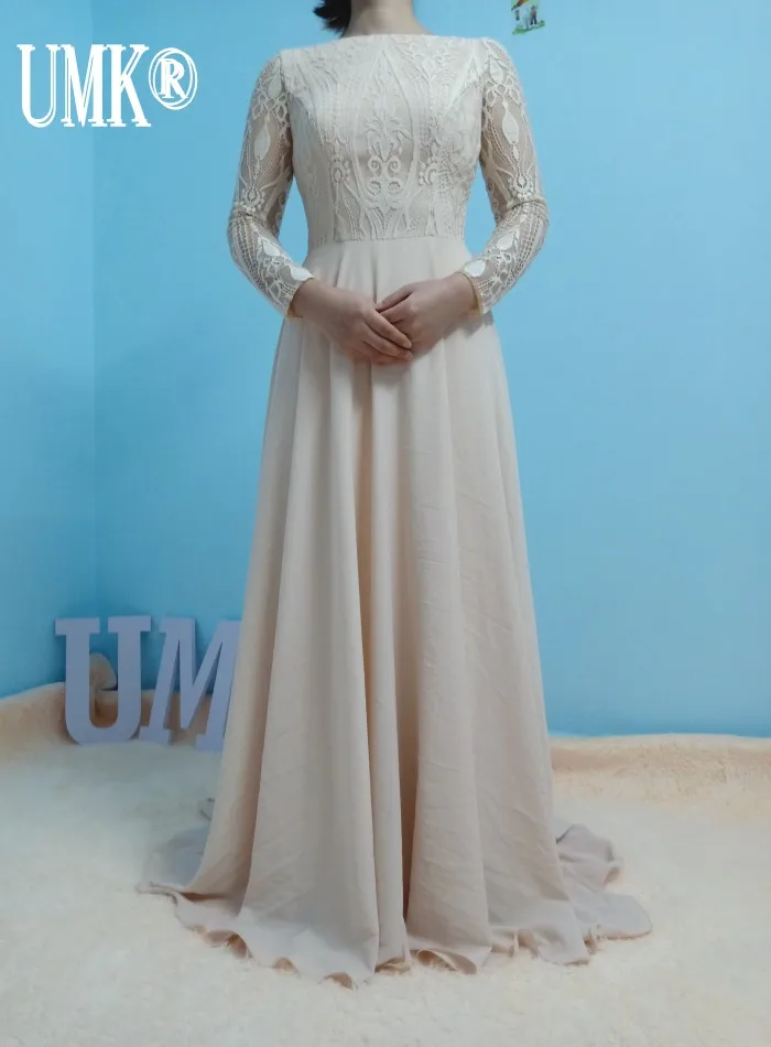 UMK Шампанское шифон пляжное свадебное платье кружева с длинным рукавом Boho Vestido De Noiva сексуальные свадебные платья с глубоким вырезом на спине реальные фотографии