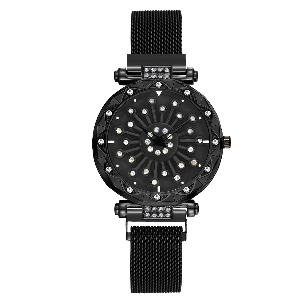 Women Magnet Buckle Rotating Diamond Dial Watch Luxury Ladies Stainless Steel Quartz Watch Clock Relogio Feminino