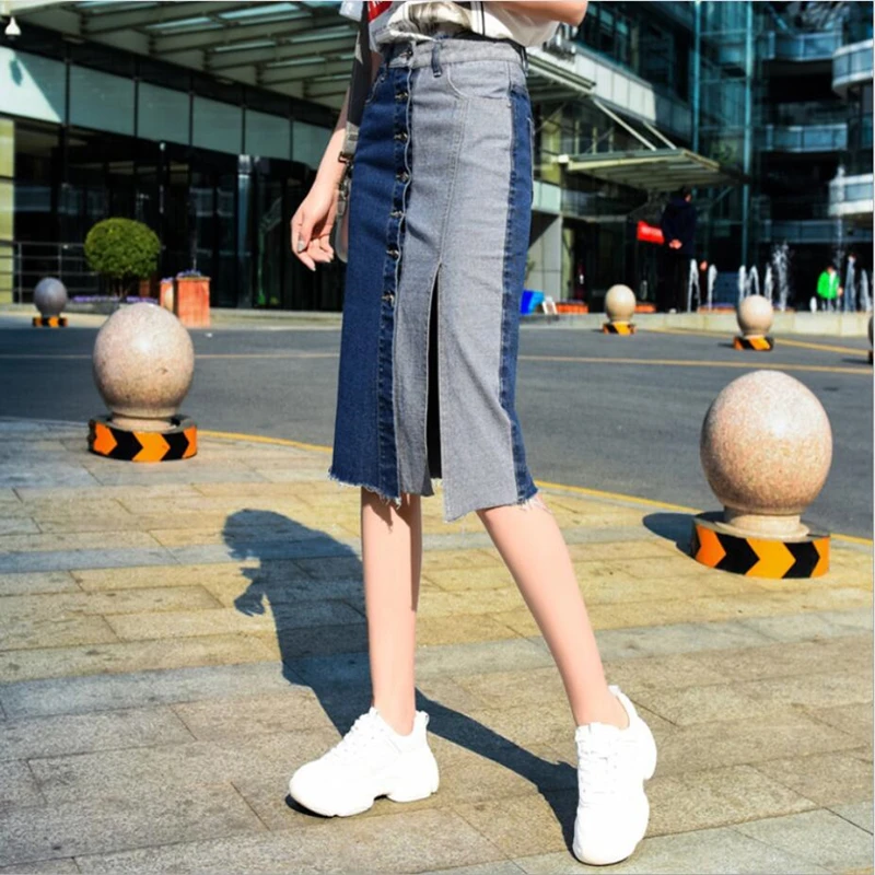 

Midi Straight Skirt Women Summer 2020 High Waist Denim Skirts Womens Desigual Patchwork Knee Length Skirt Lady Casual Clothing