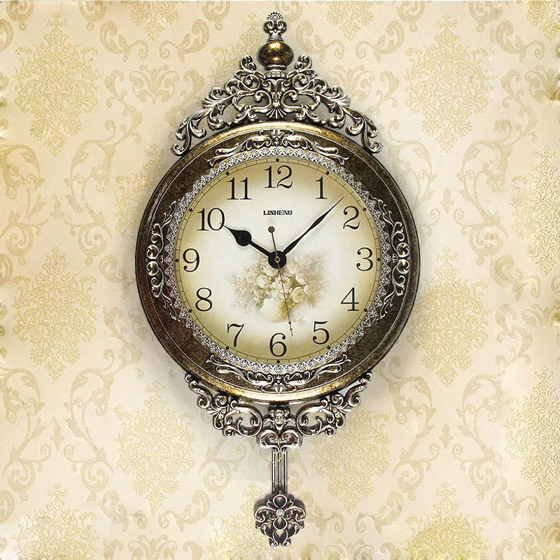 Large Mute Flower Carving Pendulum Wall Clock Color:Z1112-6