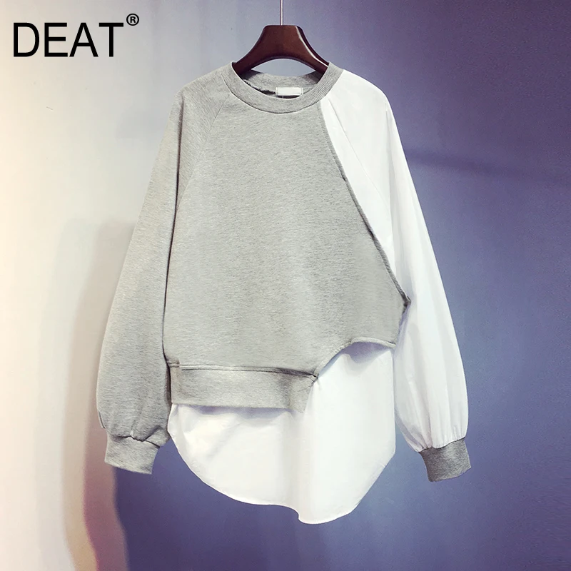

[DEAT] 2019 New Spring Summer Round Neck Long Sleeve Hit Color Spliced Irregular Big Size Sweatshirt Women Fashion Tide JZ608
