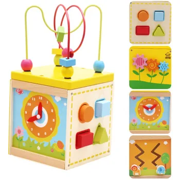 

New Multi-Functional Toy Box Around Beads Five In One Mini Shape Recognition Chest Wooden Children'S Educational Toys