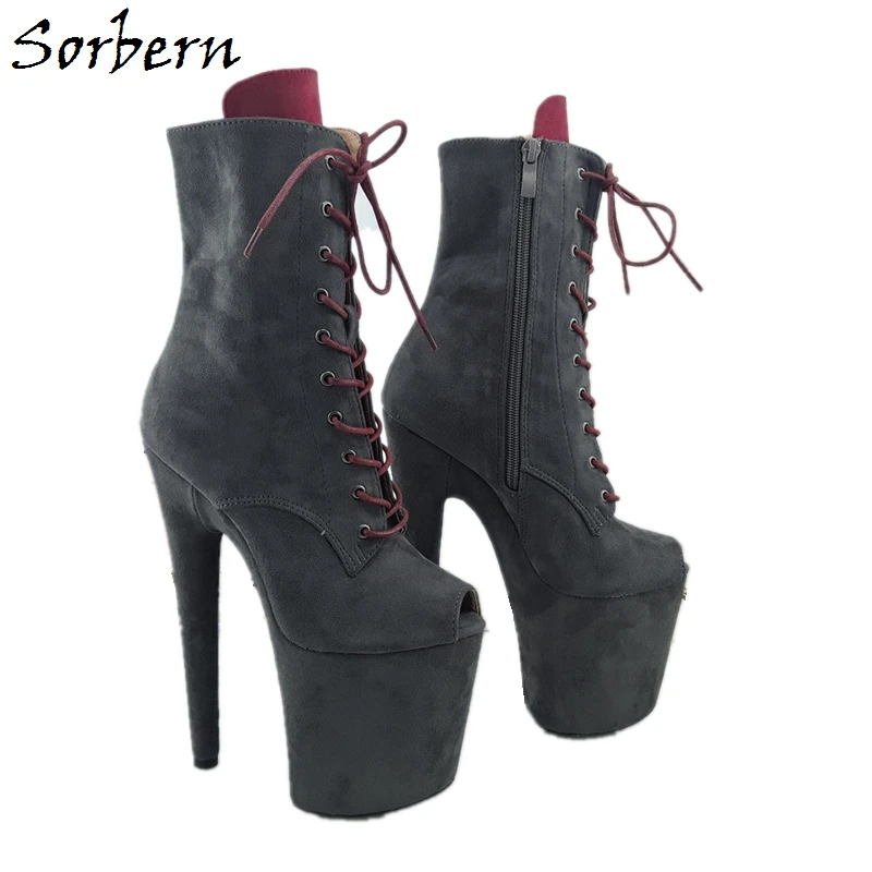 

Sorbern Women Pole Dance Boots Gray 20CM Ankle Boots Opne Toe Lace Up Boots Women Botas Mujer Plus Size Boots