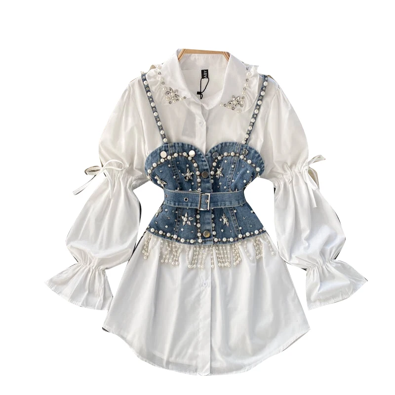 Summer 2023 New Blouse Women\'s Diamond Beaded Puff Sleeve Blusa Top Tassel Pearl Sling Waistcoat Two-piece Sets Stacking Shirt