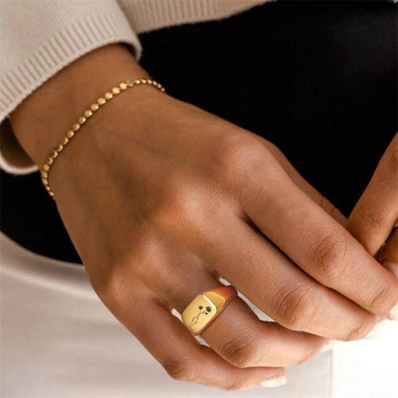 Anillo sello cuadrado grabado personalizado para mujer, anillo meñique delicado con letras iniciales personalizadas|Personalizado Anillos| - AliExpress