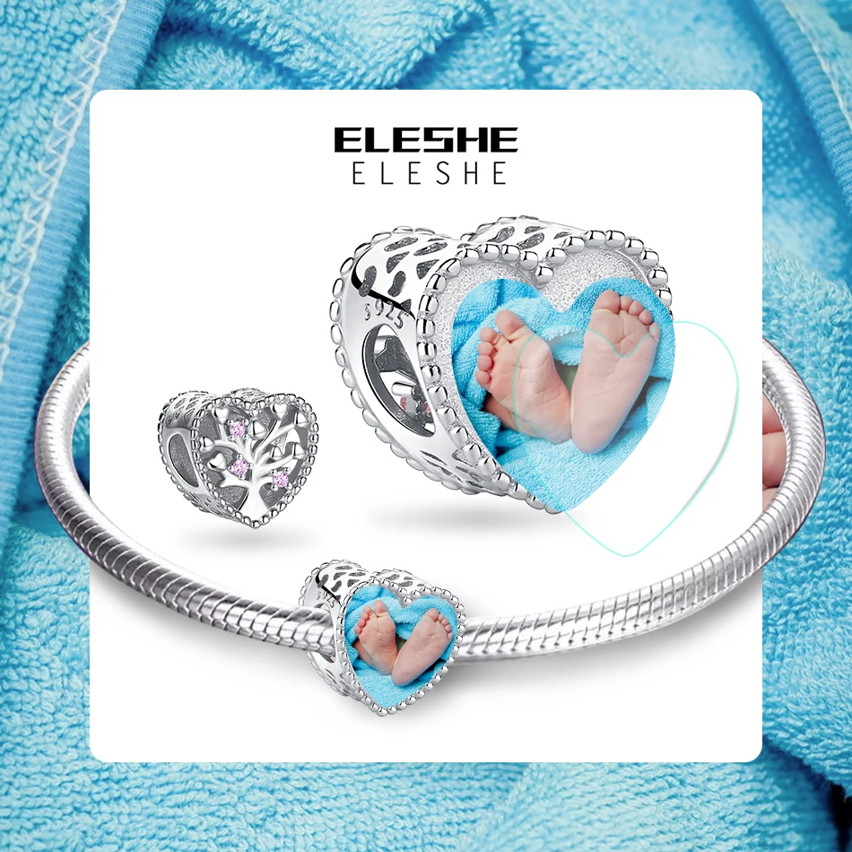 ELESHE 925 Sterling Silver Cubic Zirconia Family Tree Charm Personalized Custom Photo Bead Fit Original Bracelet DIY Jewelry