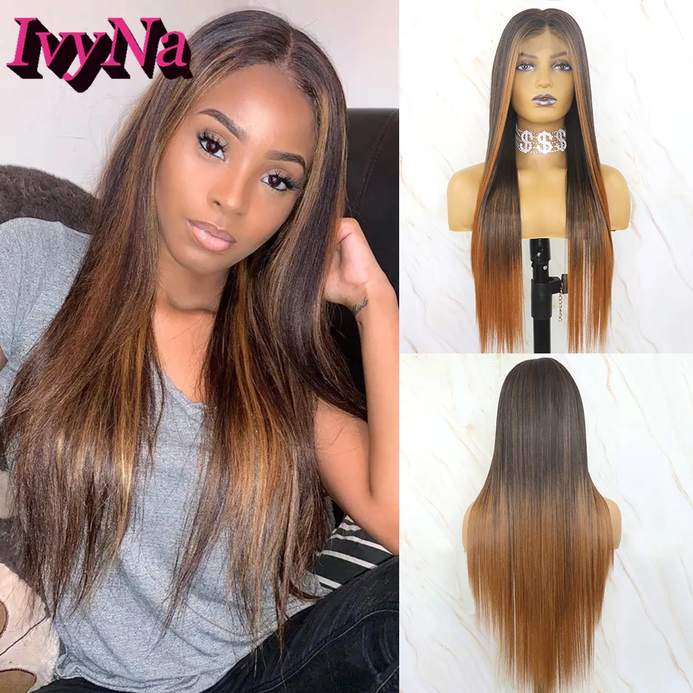 

IvyNa #1B Mixed Brown Highlight Synthetic Wigs for Black Women Futura Heat Resistant Hair Full Machine Made Middle Part Wigs