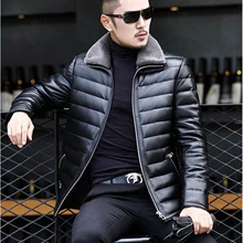 Пуховик из натуральной кожи, мужское зимнее пальто из овечьей кожи, мужская Тонкая Короткая кожаная куртка с отворотом из меха ягненка, мужское белое пуховое пальто