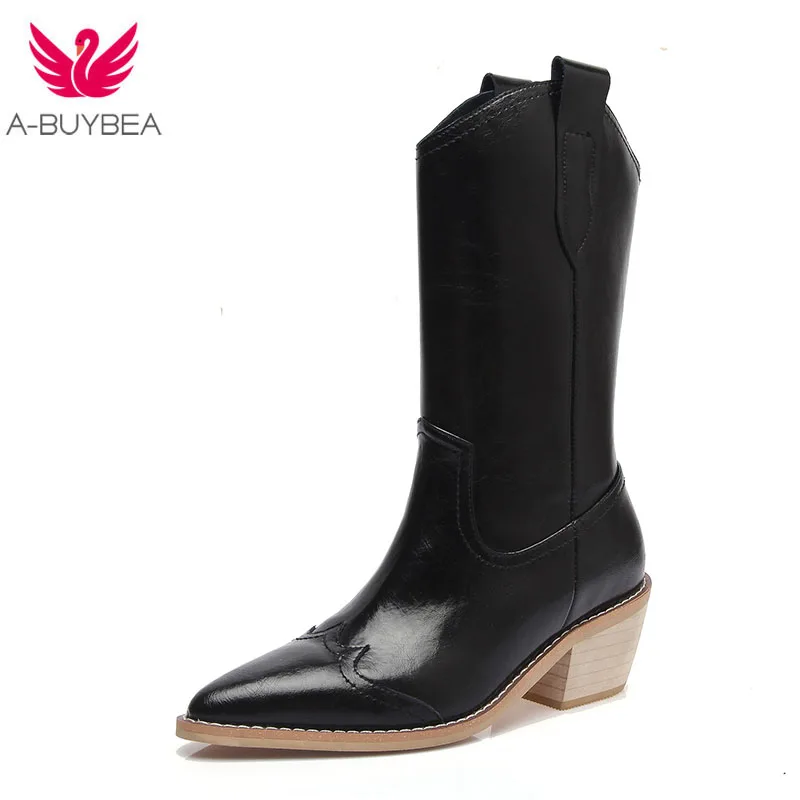 

New Naturel Leather Streetwear British Design Pointed Toe Thick High Heel Slip on Keep Warm Basic Mid-calf Boots