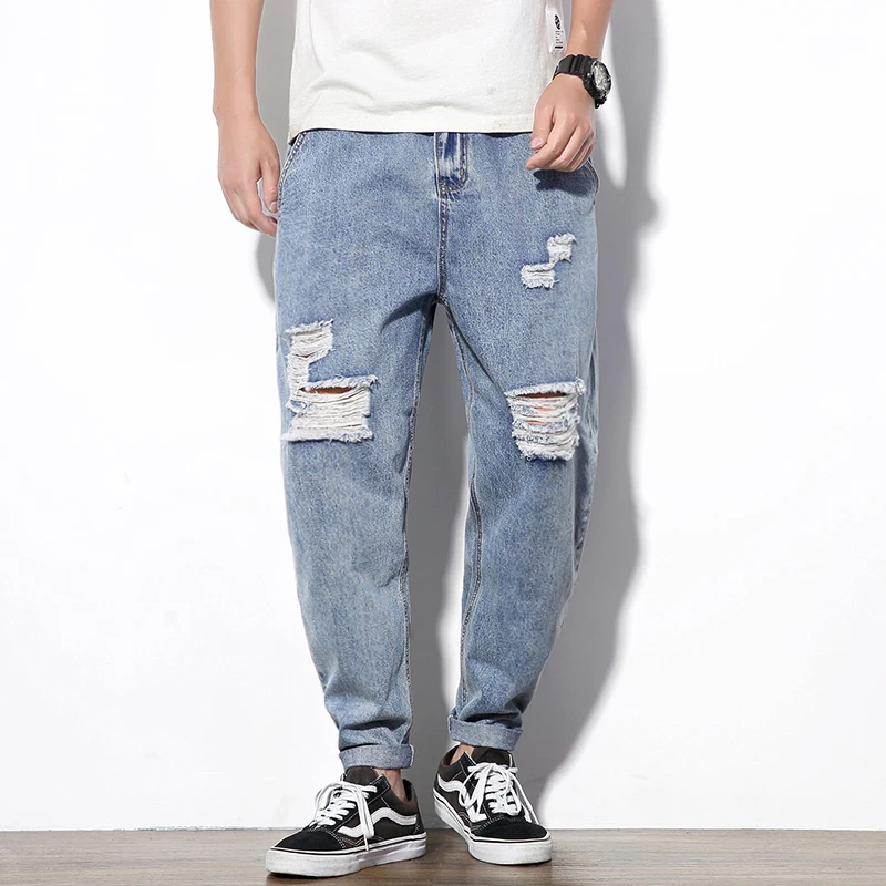Light blue RLJT. JIN тренд направление горячая Harajuku Высокая улица рваные Стиль повседневные джинсы мужские брюки модные и универсальные - Цвет: Light blue