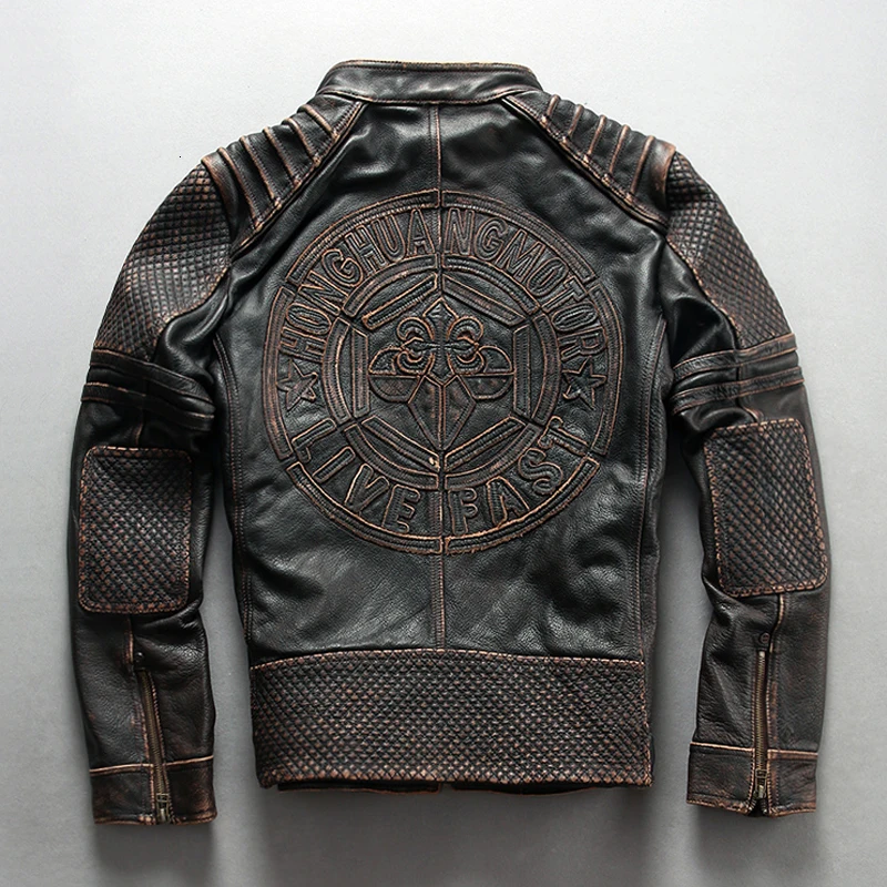 

2020 Genuine Leather Jacket Vintage Brown Motorcycle 3D Print Thick Cowhide Slim Fit Jackets Spring Autumn Winter Russia Coats