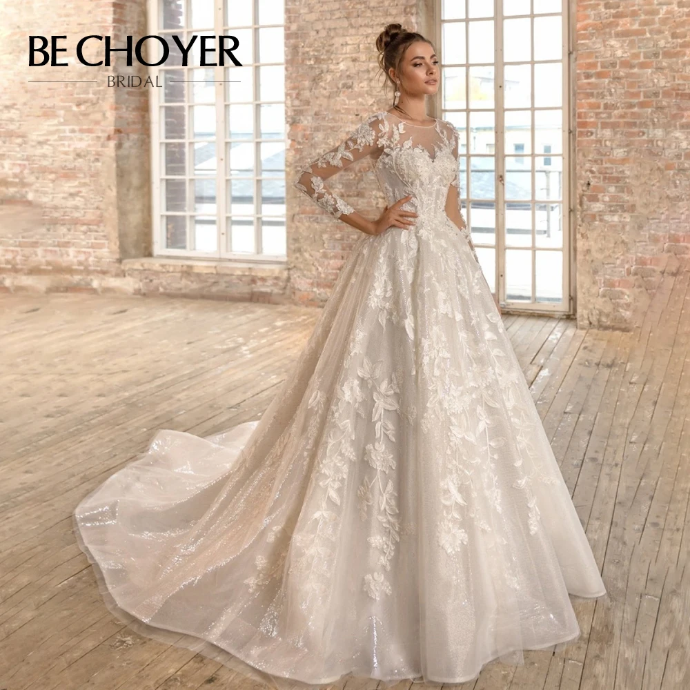 

Vintage Appliques A-Line Wedding Dress BECHOYER N208 Luxury Beaded Three Quarter Lace up Princess Bride Gown Vestido de Noiva