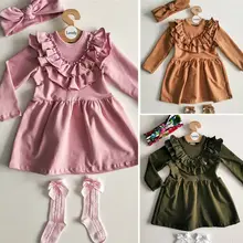 От 1 до 6 лет платье для маленьких девочек, повседневные однотонные вечерние платья с оборками и длинными рукавами, повязка на голову