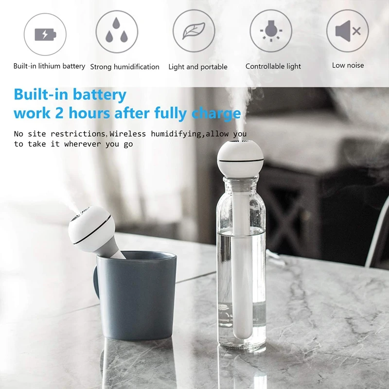 

USB Humidifier with 500MA Build-In Battery, Cool Mist Humidifier Quiet Operation, Travel-Sized Mini Air Portable Humidifier for