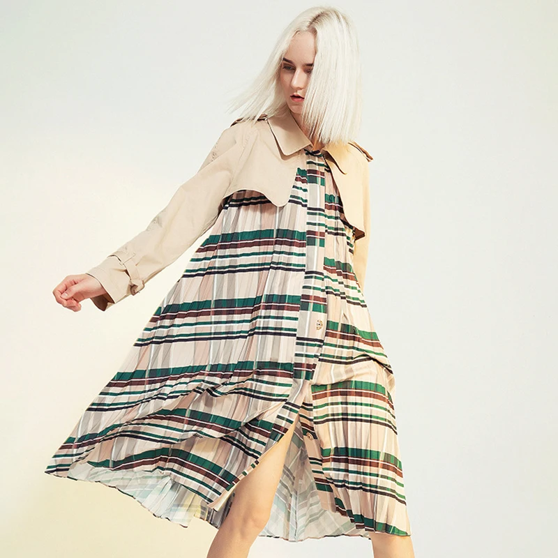 Patchwork Plaid Women's Windbreaker Lapel Collar Long Sleeve High Waist With Sashes Coat Female Autumn Fashion 45