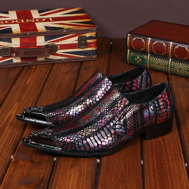 Christia Bella Metal Carved Flowers Pointed Toe Man Plus Size Shoes Multicolor Serpentine Genuine Leather Men's Nightclub Shoes
