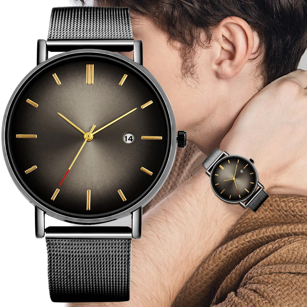 

2020 New Men Quartz Watches Casual Fashion Stainless Steel Mesh Strap Luxury Gradient Color Clock Business Wristwatch Top Gifts