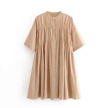 

2020 Za New Casual Fashion Lady Female Women Women's clothes Light Orange Solid Round Neck Short Sleeve Pleated Short Dress