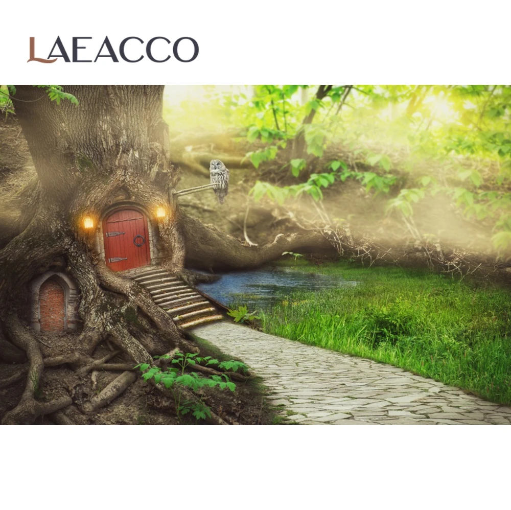 Laeacco фон для фотостудии с зеленым лесным деревом сказочным домом травой
