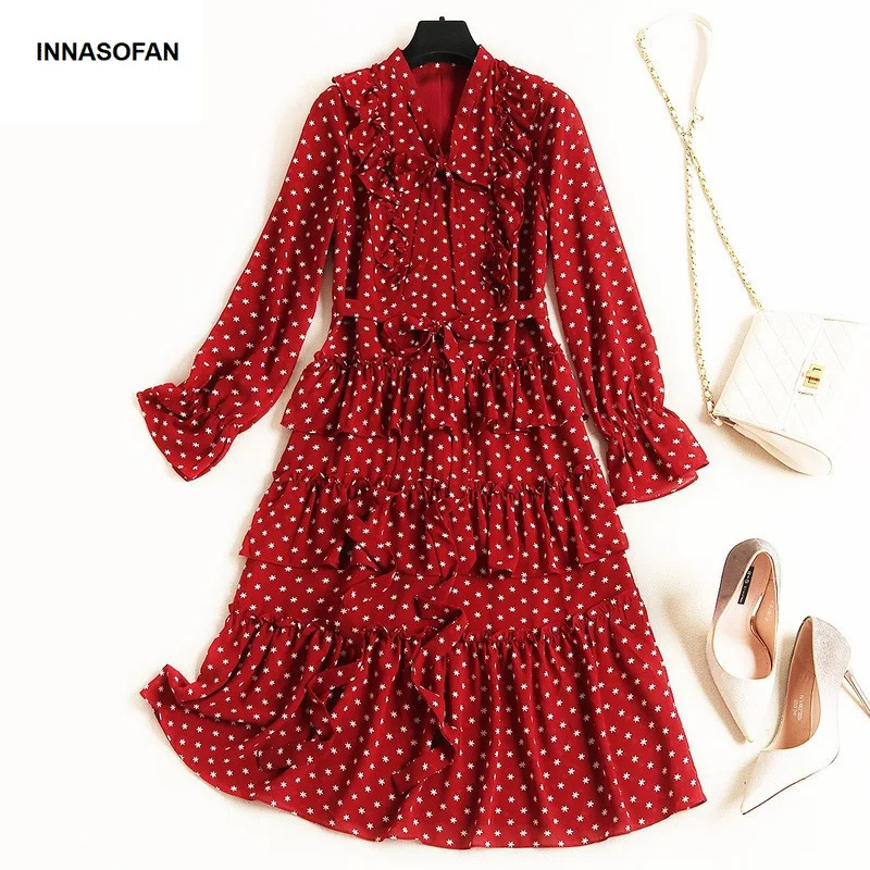 

INNASOFAN High-end Chiffon Dress Women Autumn Winter Long-sleeved Dress High Waist Euro-American Chic V-collar Dots Print Dress