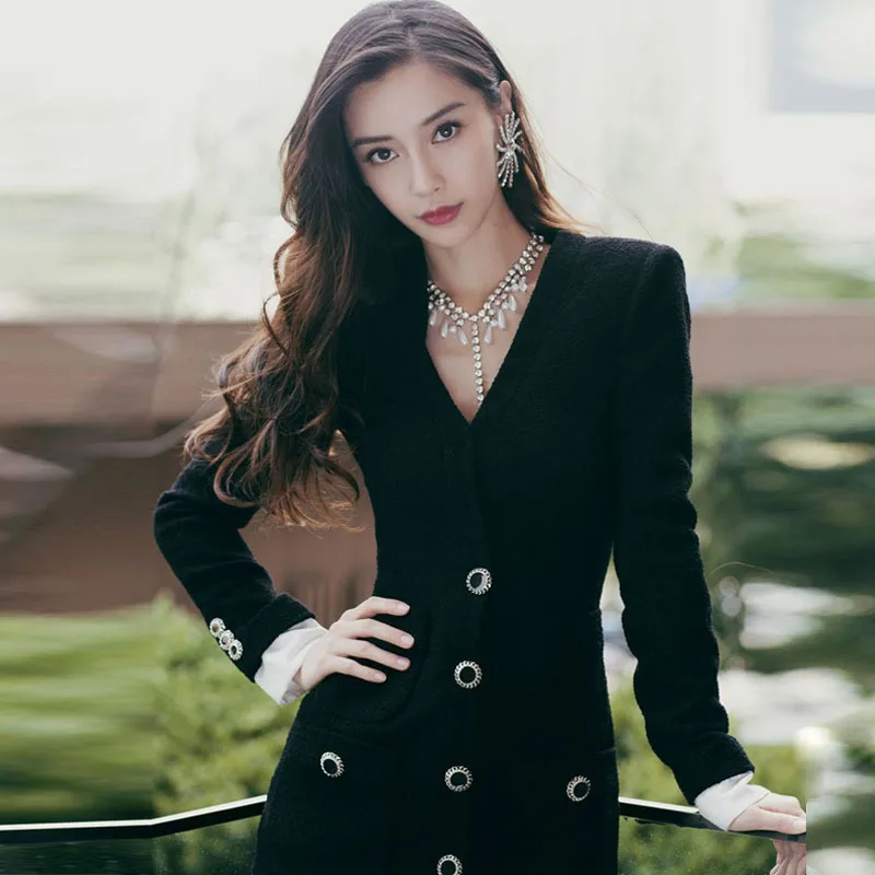 Angelababy Yang Ying с осенним модным дизайном женский v-образный вырез с длинным рукавом Пряжка Тонкий шерстяной топ