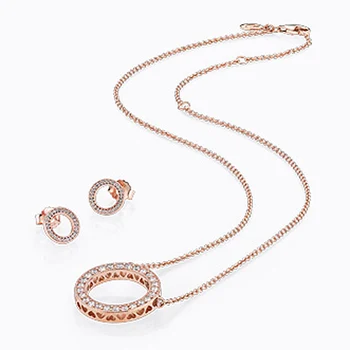 

NEW925 sterling silver rose gold round hollow zircon earrings necklace ladies elegant clavicle chain earrings set