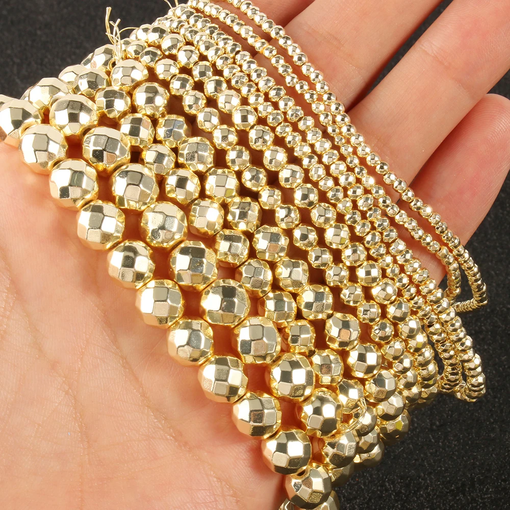 Natural Stone Hematite Round Beads in Gold & Silver Tones for Jewelry Making - 15'' Strand