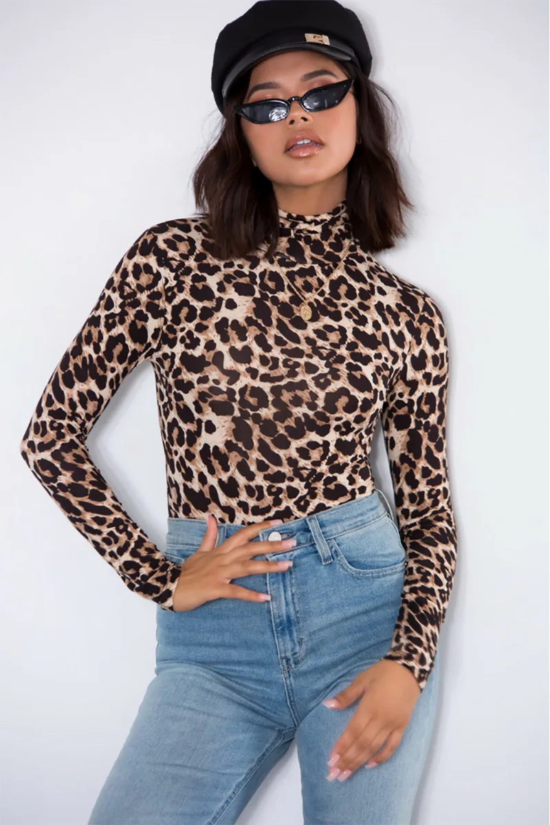 2020 Women Leopard Bodysuit Autumn Turtleneck Long Sleeve Bodycon Skinny Slim Bodysuit Jumpsuits Ladies Sexy Leotard Club Wear sheer bodysuit