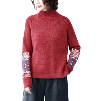 

Turtleneck Knitted Women Sweater Solid India Folk Knitted Female Lady Elegant Flower Embroidery Pulls Fashion Outwear Coat Tops
