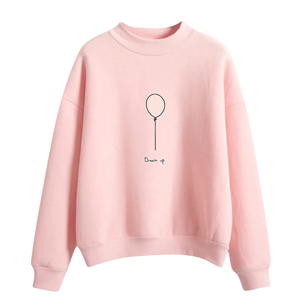 

Women Sweatshirt Autumn Harajuku Style Lovely Balloon Letters Printed Fleece Winter Hoodies Turtle Neck Pastel Color Tracksuit#B