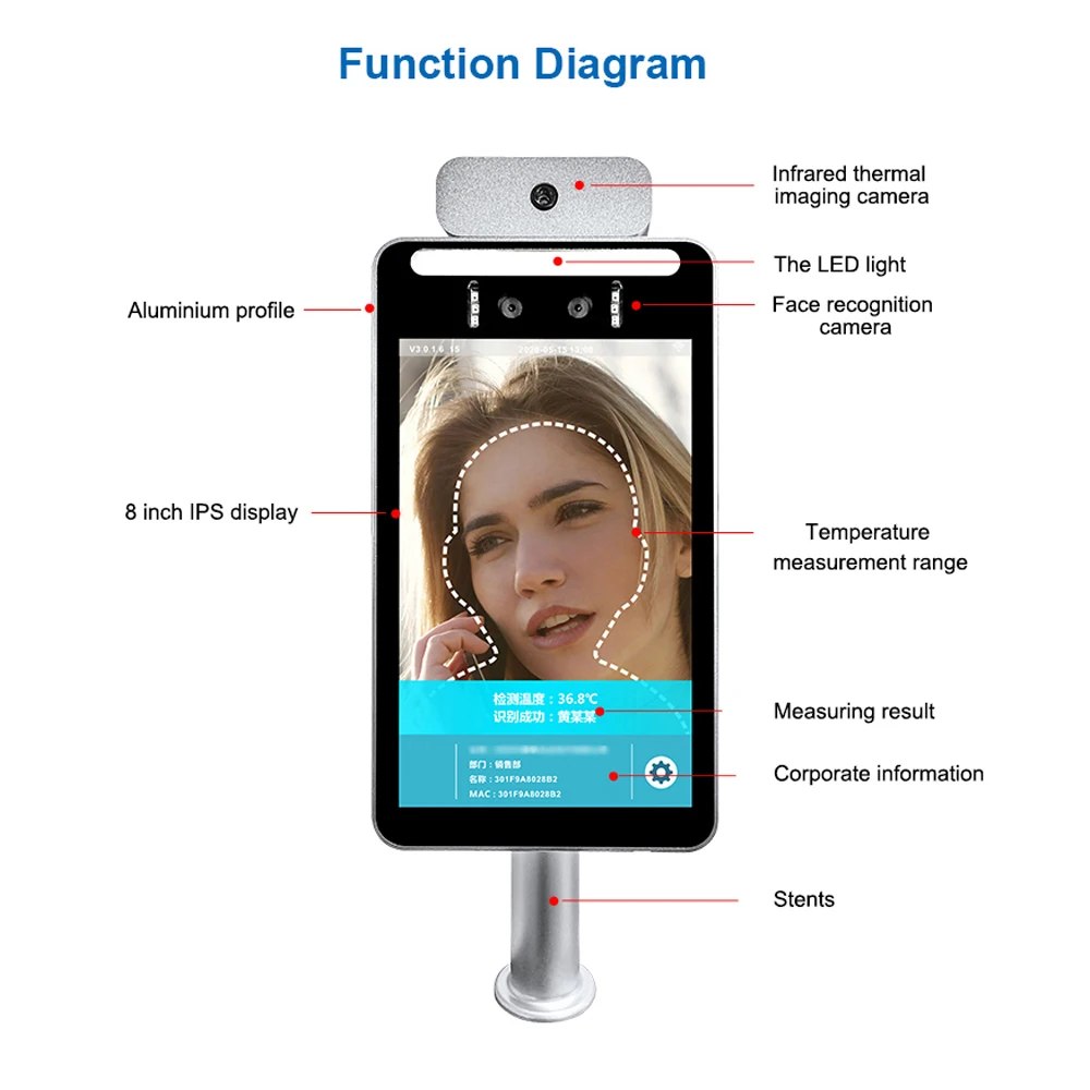 8 inch TCP/IP Dynamic face recognition Thermal time attendance access control Non-contact  temperature detection 30,000 face