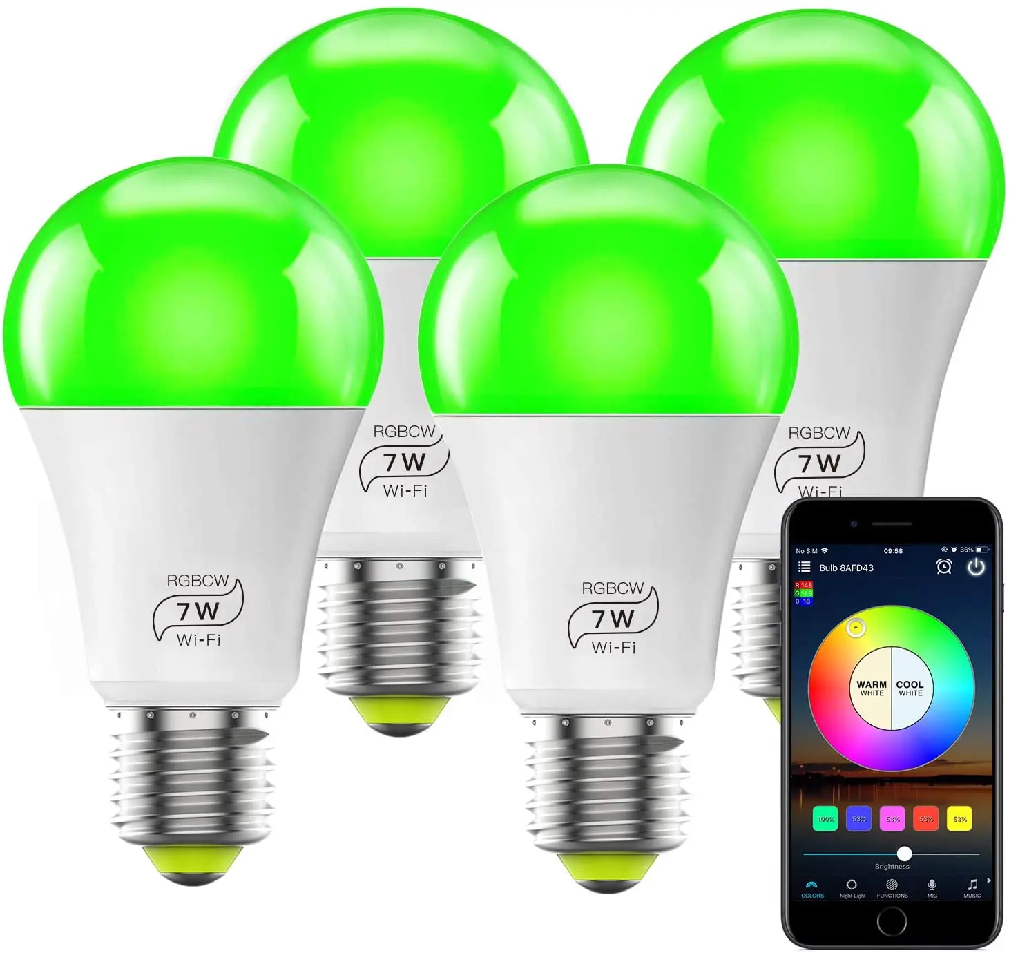 

Smart WiFi Light Bulb Works with Alexa Google Siri, No Hub Required, 7W (60w Equivalent) RGBCW Dimmable Multicolor LED (4Pack)
