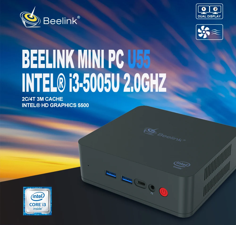  Beelink U55 Mini PC Win10 Intel Core I3-5005U 2.4G+5.8G Dual Wifi 8GB DDR3L 256GB 512GB SSD 2*HDMI 