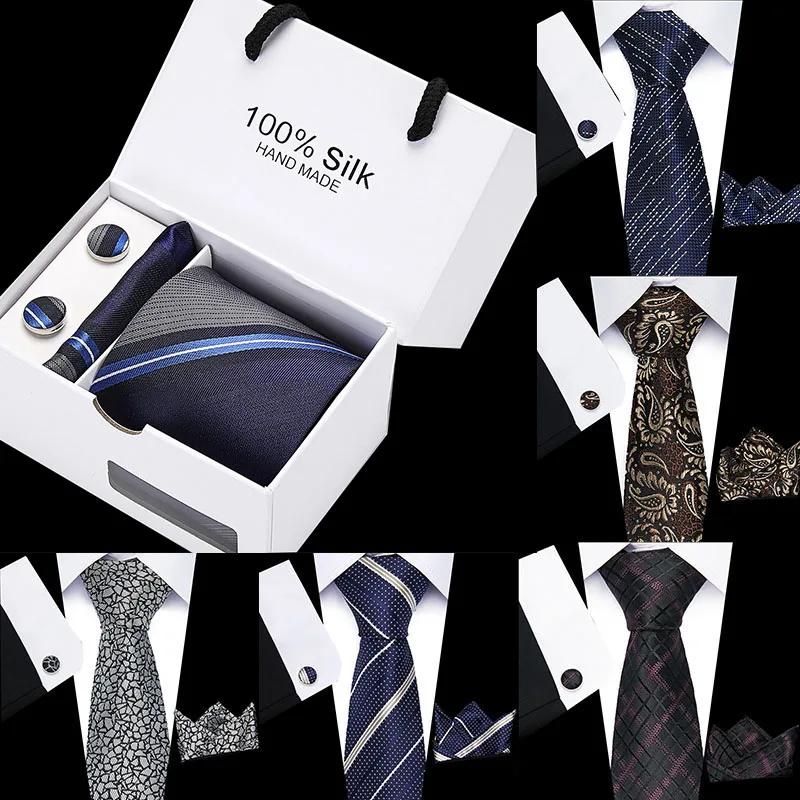  Wedding Stripe Necktie Handkerchief Cuffink Necktie Set Stitching 100% Silk Formal Dress Accessorie