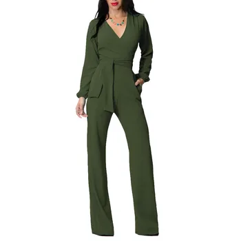 

Autumn Women Office Lady Jumpsuits Long Sleeve Sexy Jumpsuits V Neck Sashes Long Rompers