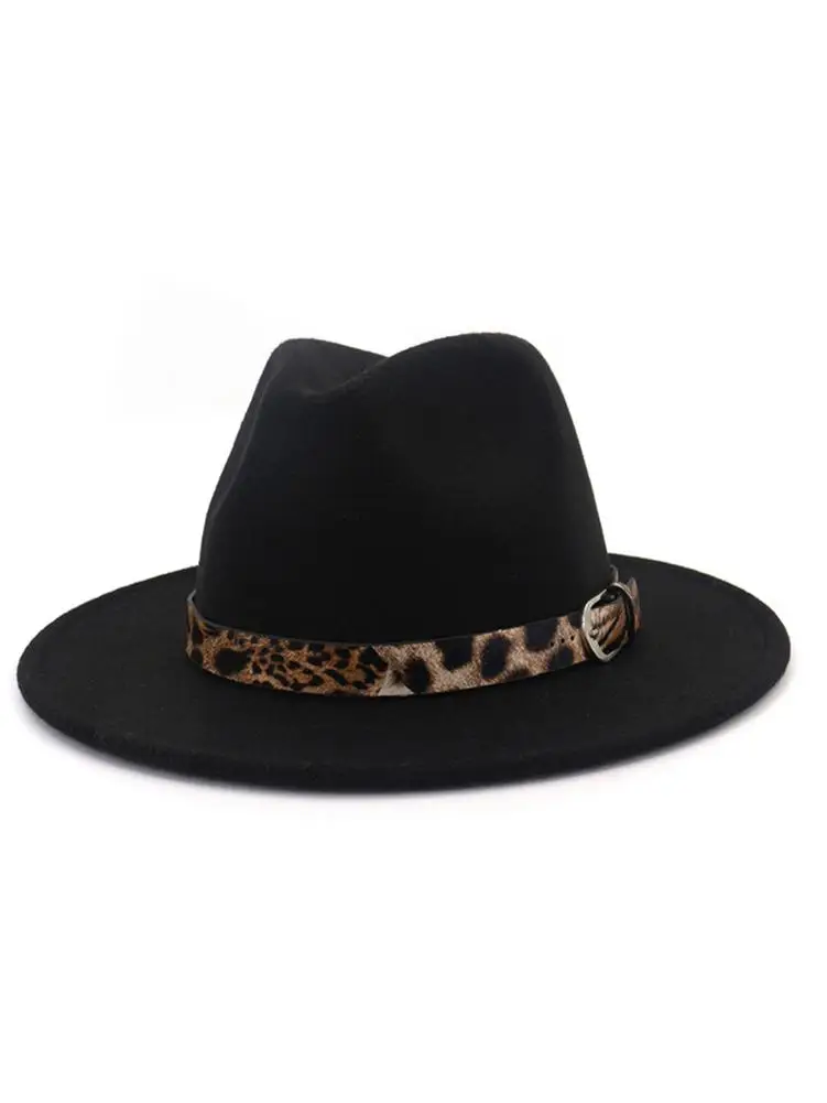 New Women Wool Hat Gentleman Elegant Lady Winter Autumn Wide Brim Leopard Hat Women Gentleman's Cap Woolen Hat